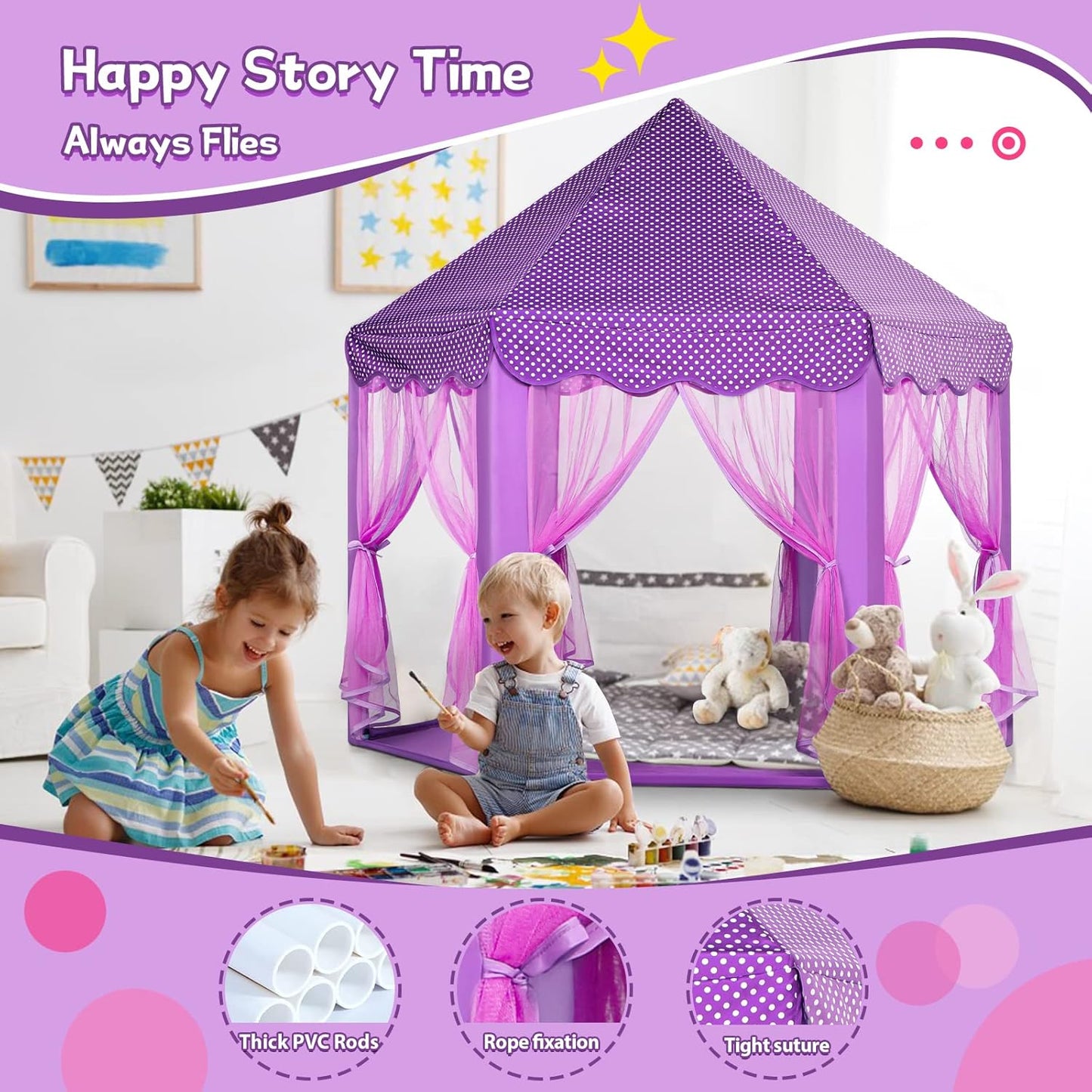 Purple Princess Castle Tent for Girls with Fairy Star Lights Play Tents for Kids Hexagon Playhouse Fairy Toys for Children or Toddlers Indoor or Outdoor Games