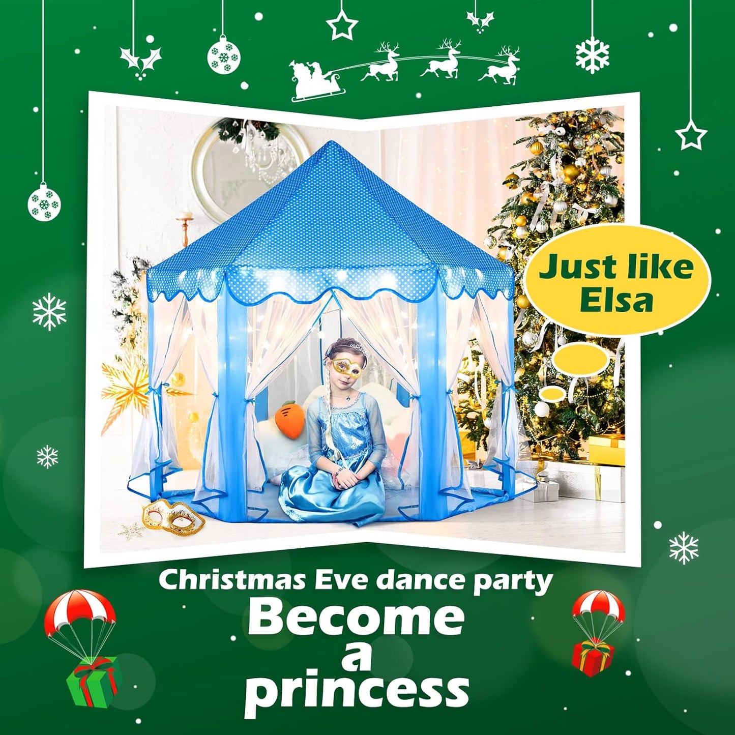 Sumbababy Princess Castle Tent for Girls Fairy Play Tents for Kids Blue Hexagon Playhouse with Fairy Star Lights Toys for Children or Toddlers Indoor or Outdoor Games (Blue Princess Tent)